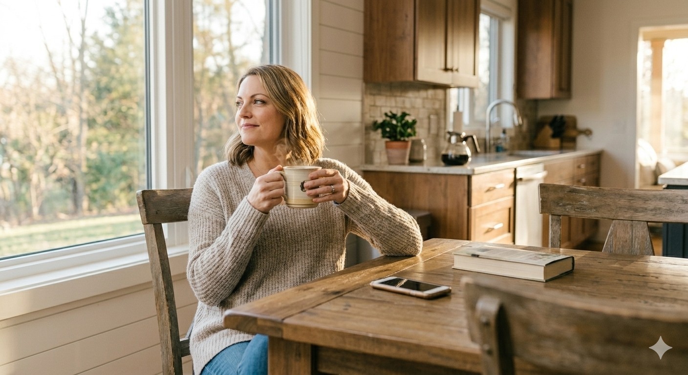 Mom relaxed at kitchen table with coffee, the result of running household automations