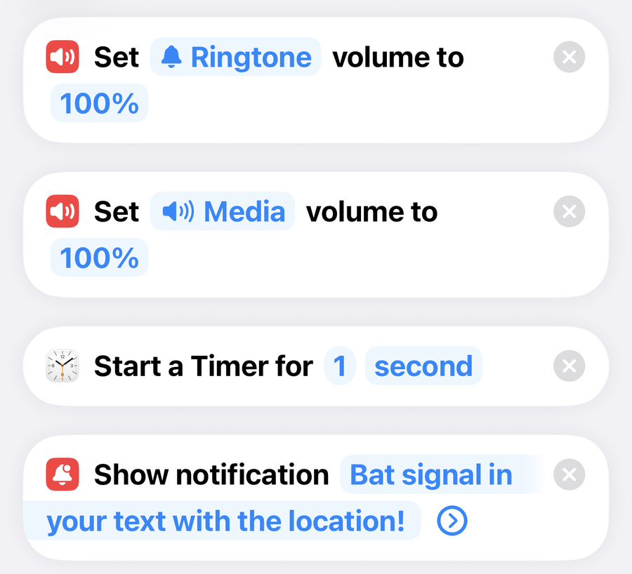 The Bat Signal Received shortcut open in Shortcuts: Set Ringtone volume to 100 percent, Set Media volume to 100 percent, Start a timer for 1 second, Show notification