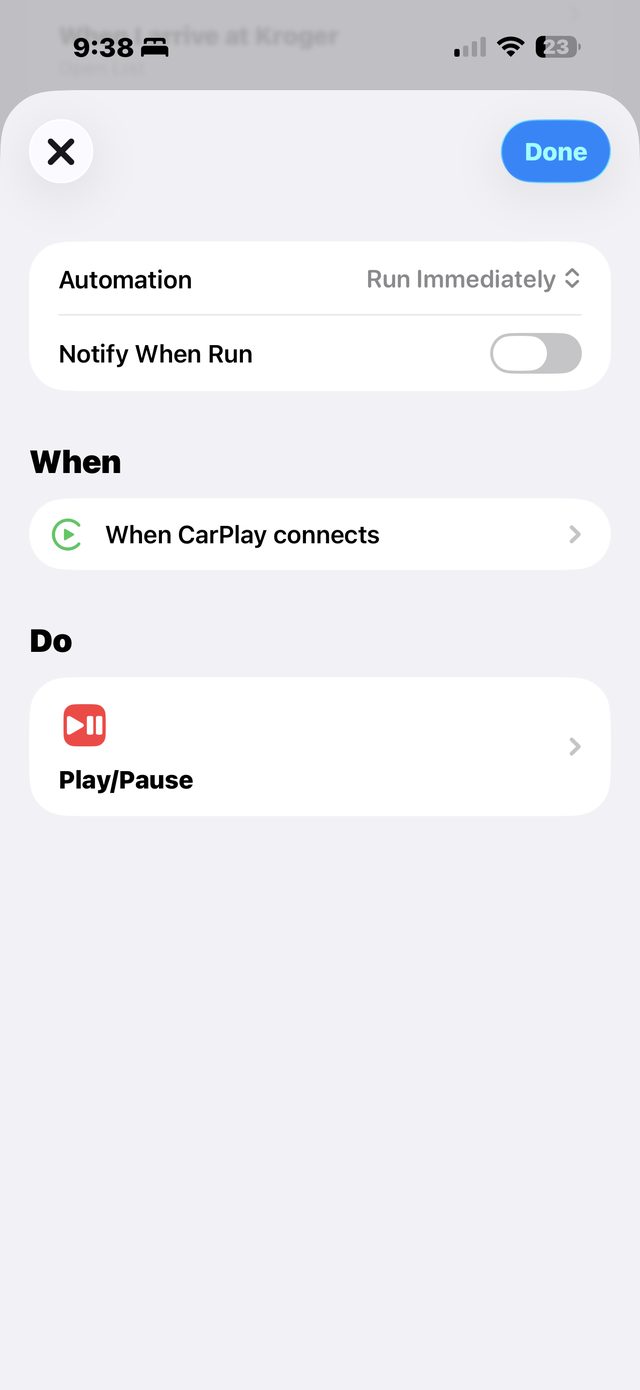 The finished CarPlay automation in Shortcuts