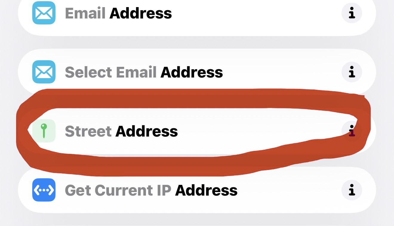 The search results after typing address, with Street Address in the list