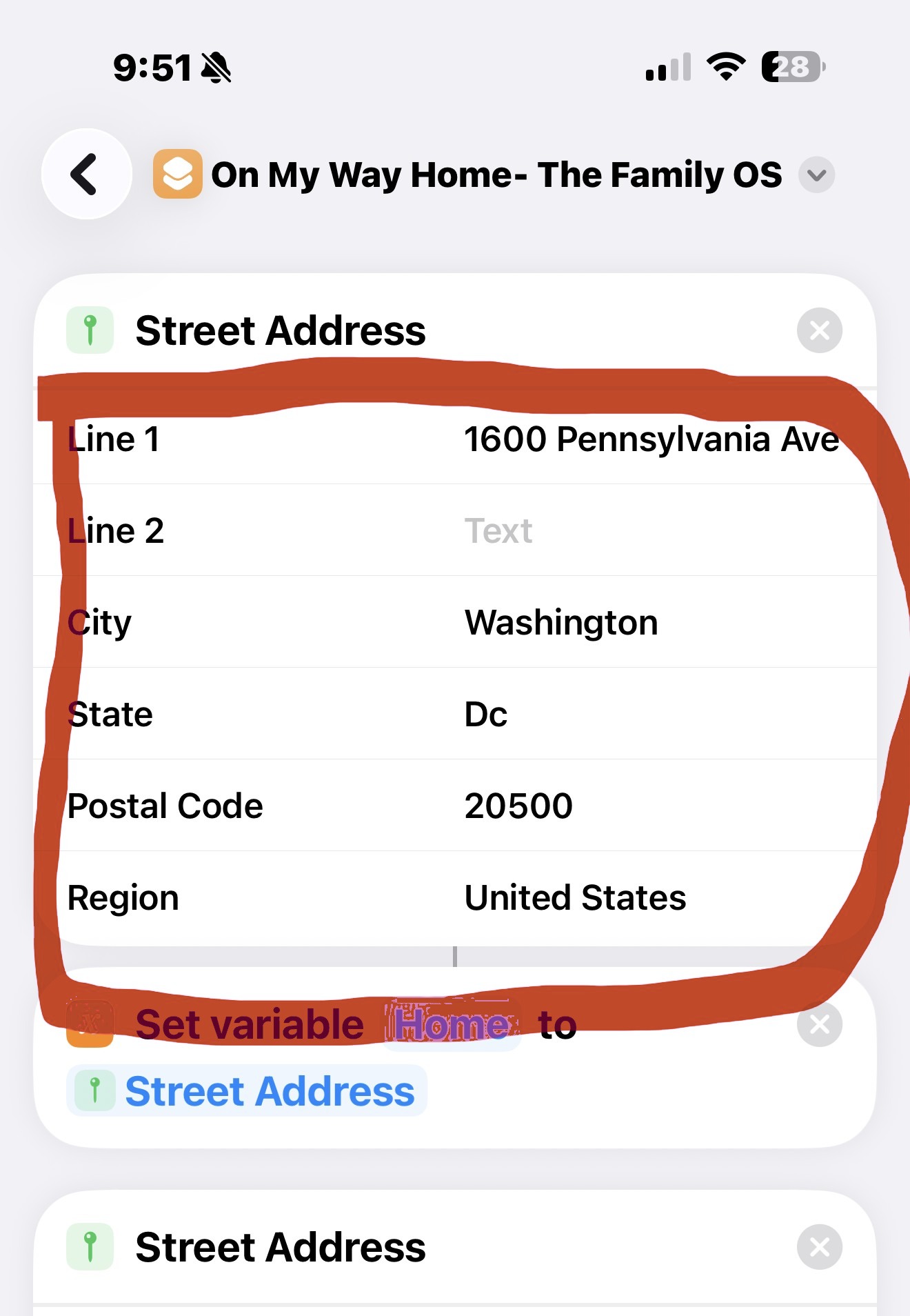 The Street Address action filled in with a home address, all six fields visible