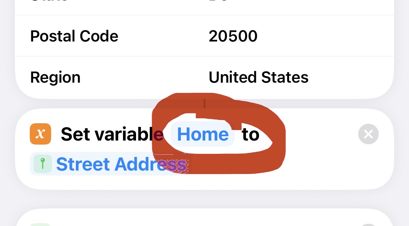 The Set Variable action named Home, sitting under the address