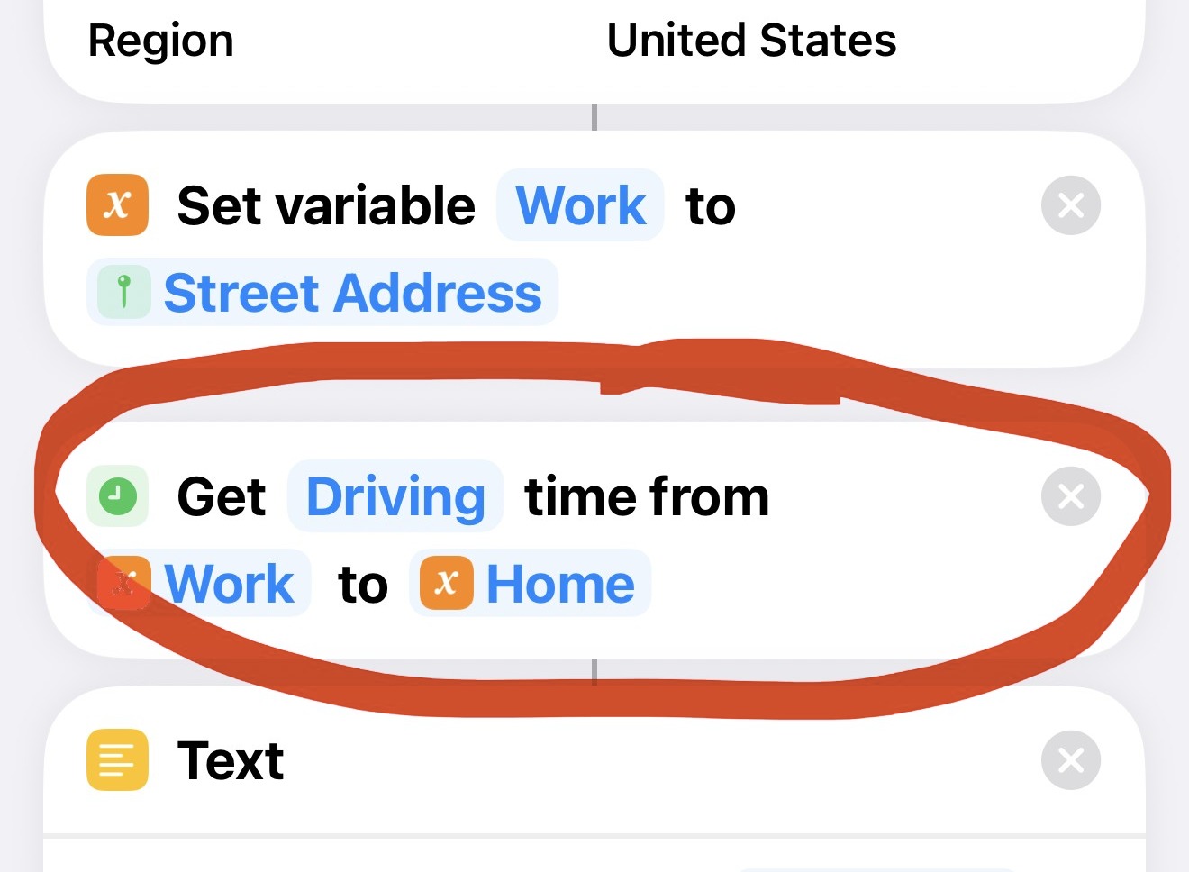 The Get Travel Time action reading Driving, from Work, to Home