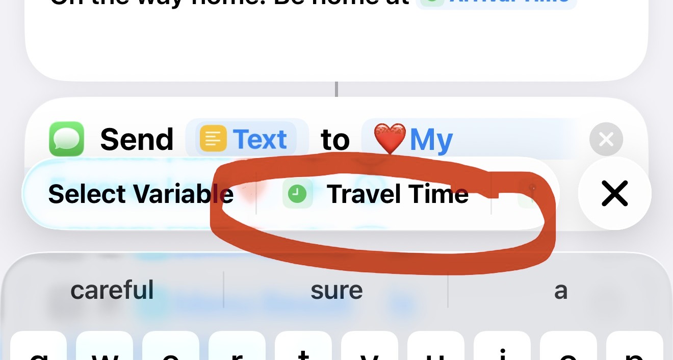 The Text action mid typing, with the variable row visible above the keyboard