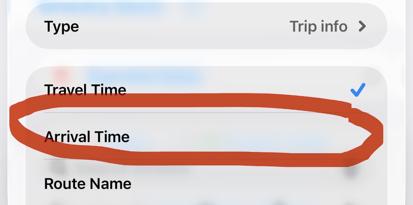 The panel that opens after tapping the variable, with Arrival Time in the list