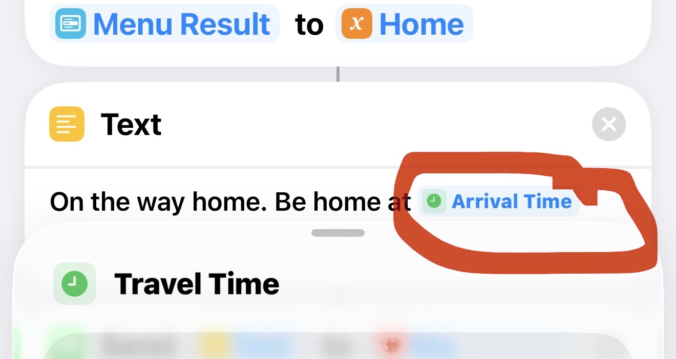 The finished Text action with the Arrival Time pill in it