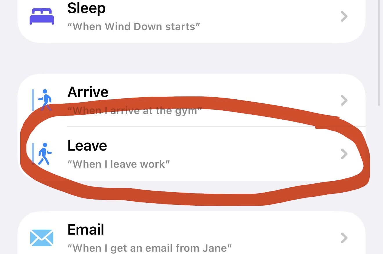 The trigger list scrolled to show Arrive and Leave