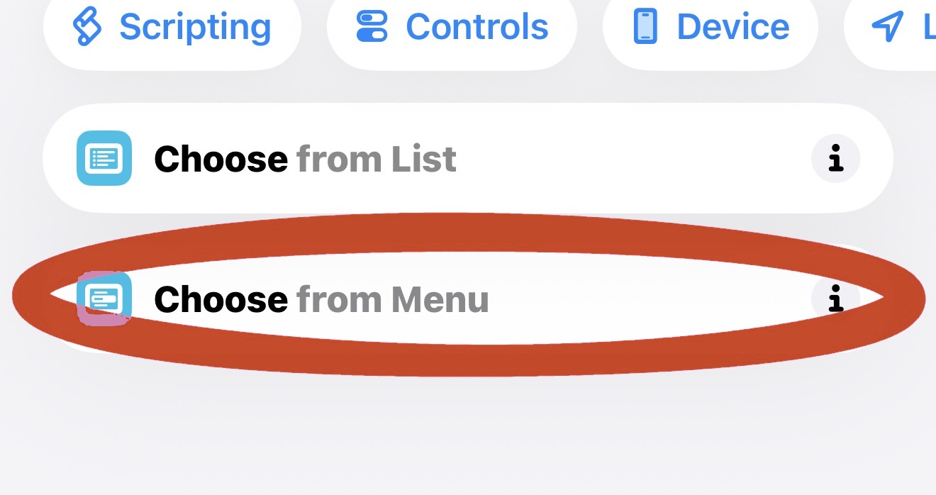 The search results after typing menu, with Choose from Menu circled below Choose from List