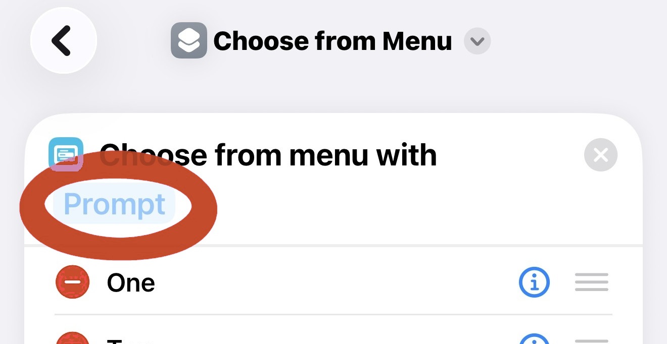 The Choose from Menu action just added, with the Prompt line and empty options