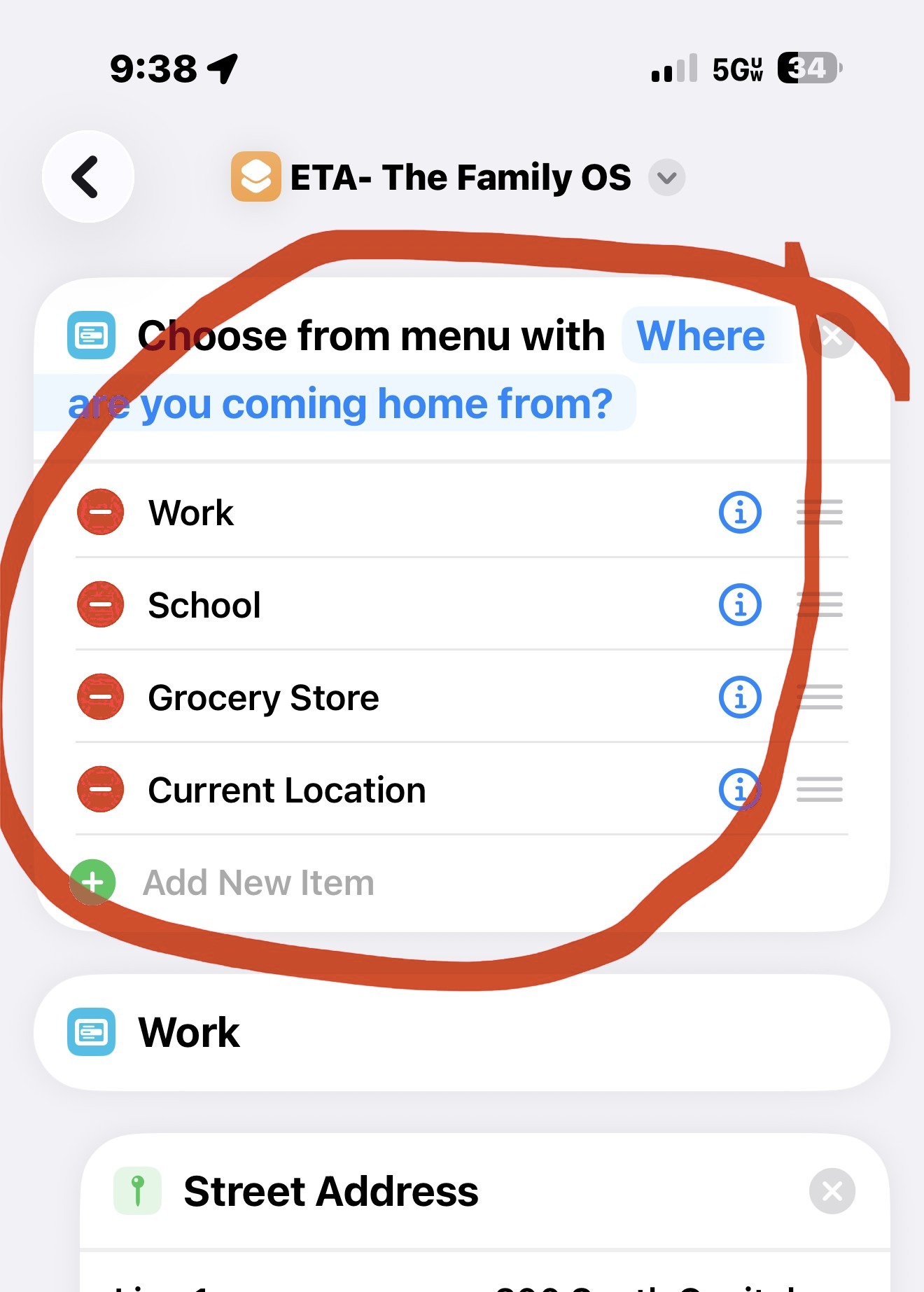 The menu with all four options typed in