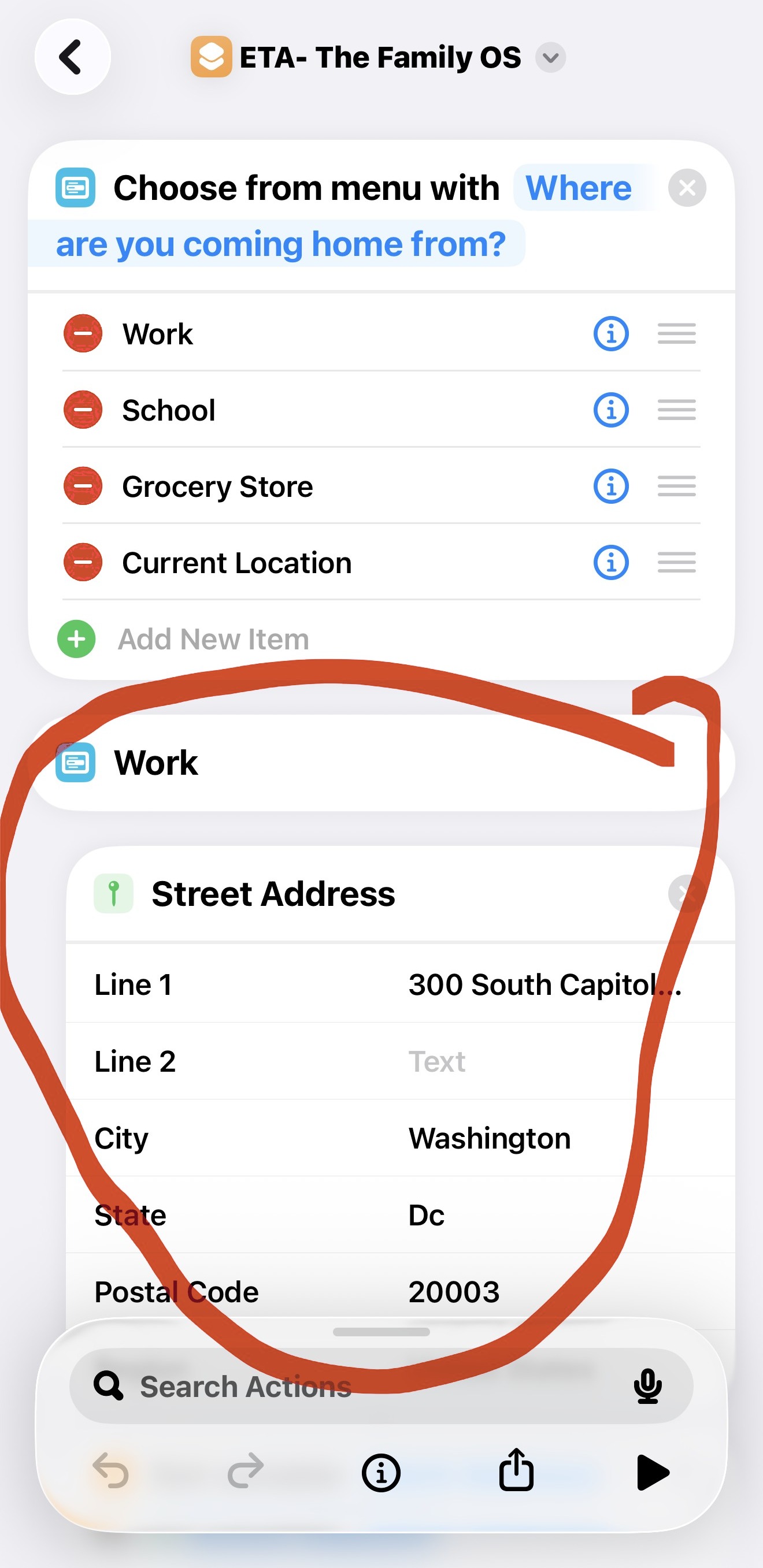 A Street Address and a Set Variable named Work Address, both indented under the Work menu item
