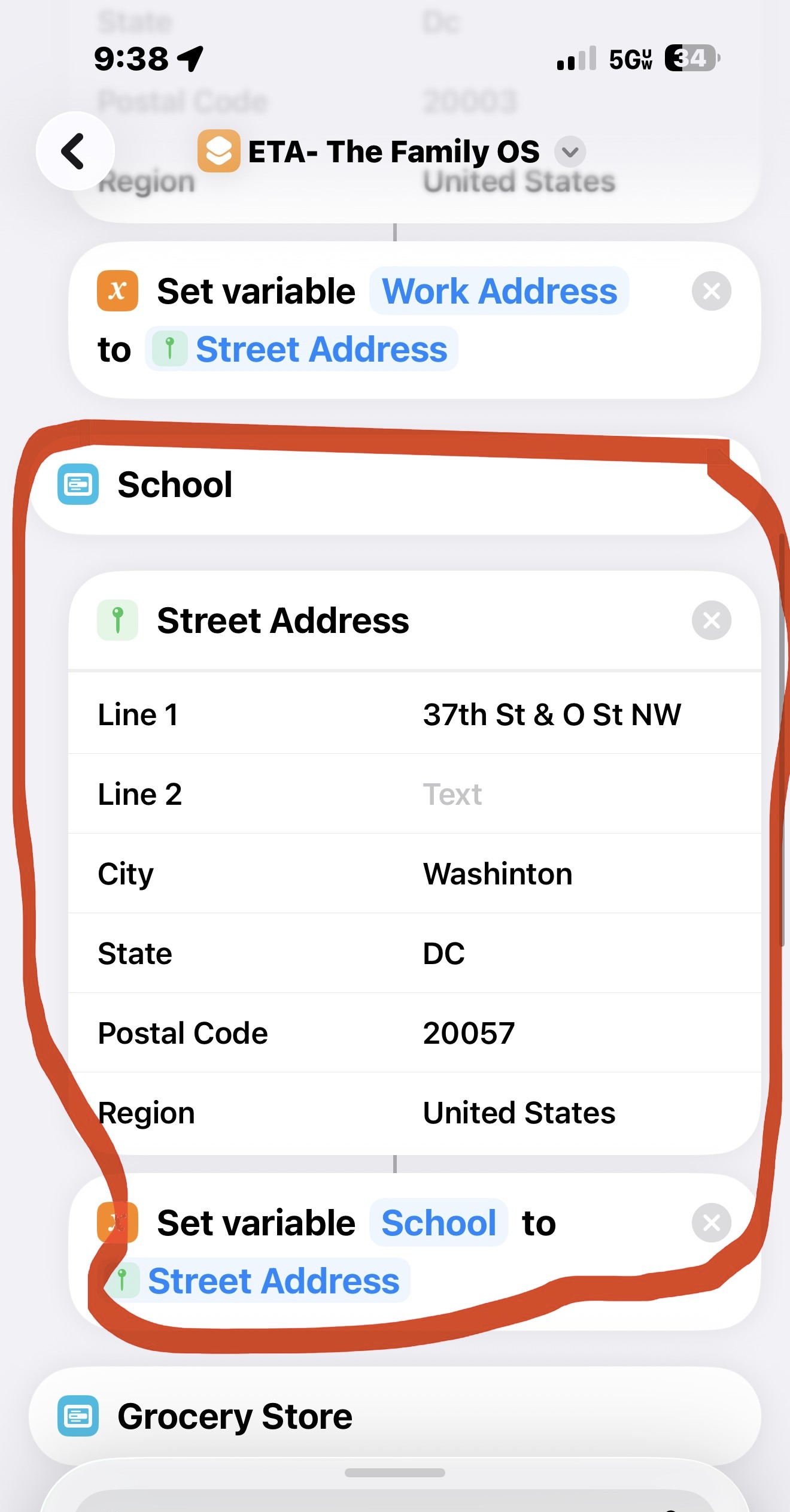 Work, School and Grocery Store each with their own address and named variable underneath