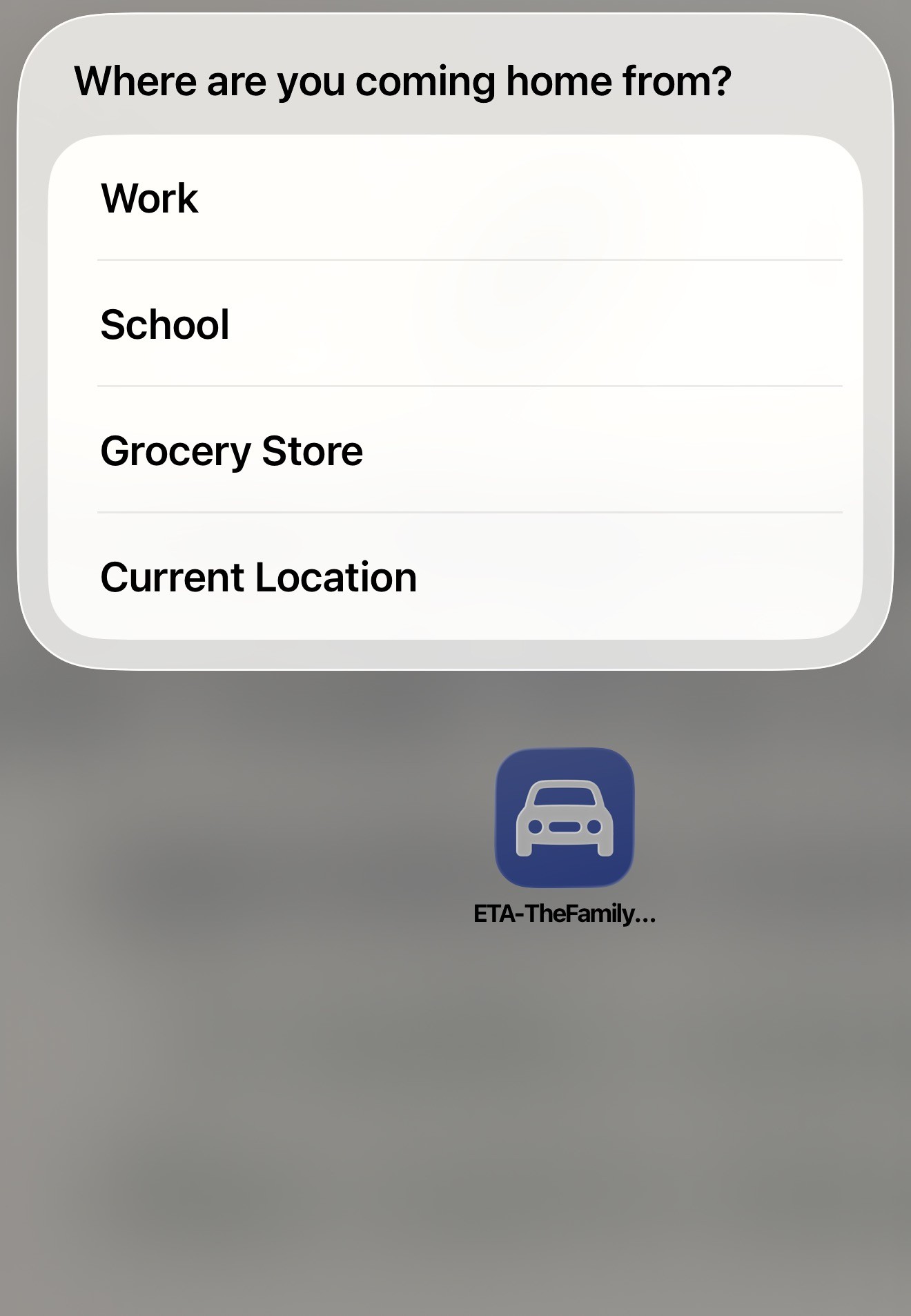 The menu as it appears when you tap the shortcut, four options on screen