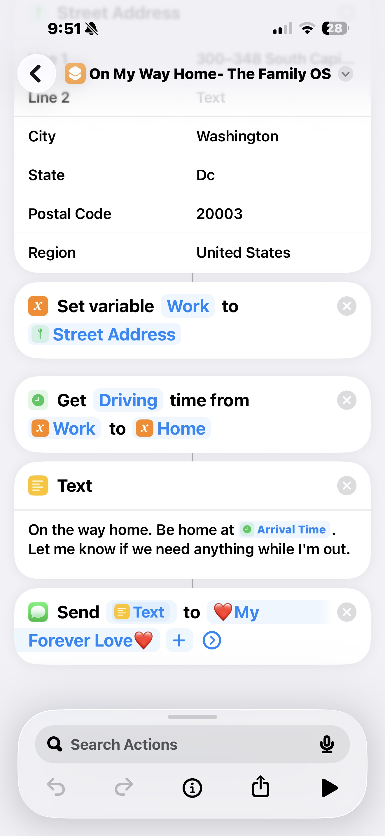 The whole finished shortcut, scrolled so all five actions are visible