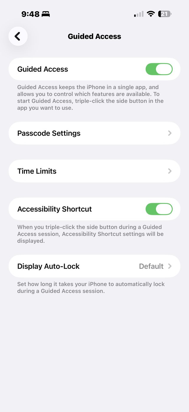 Guided Access turned on in Settings