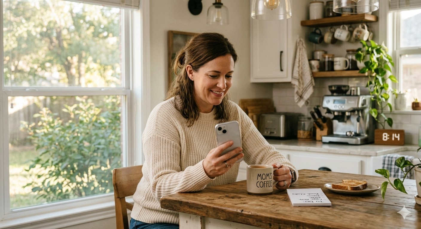 Parent calmly using phone in organized kitchen, morning calm