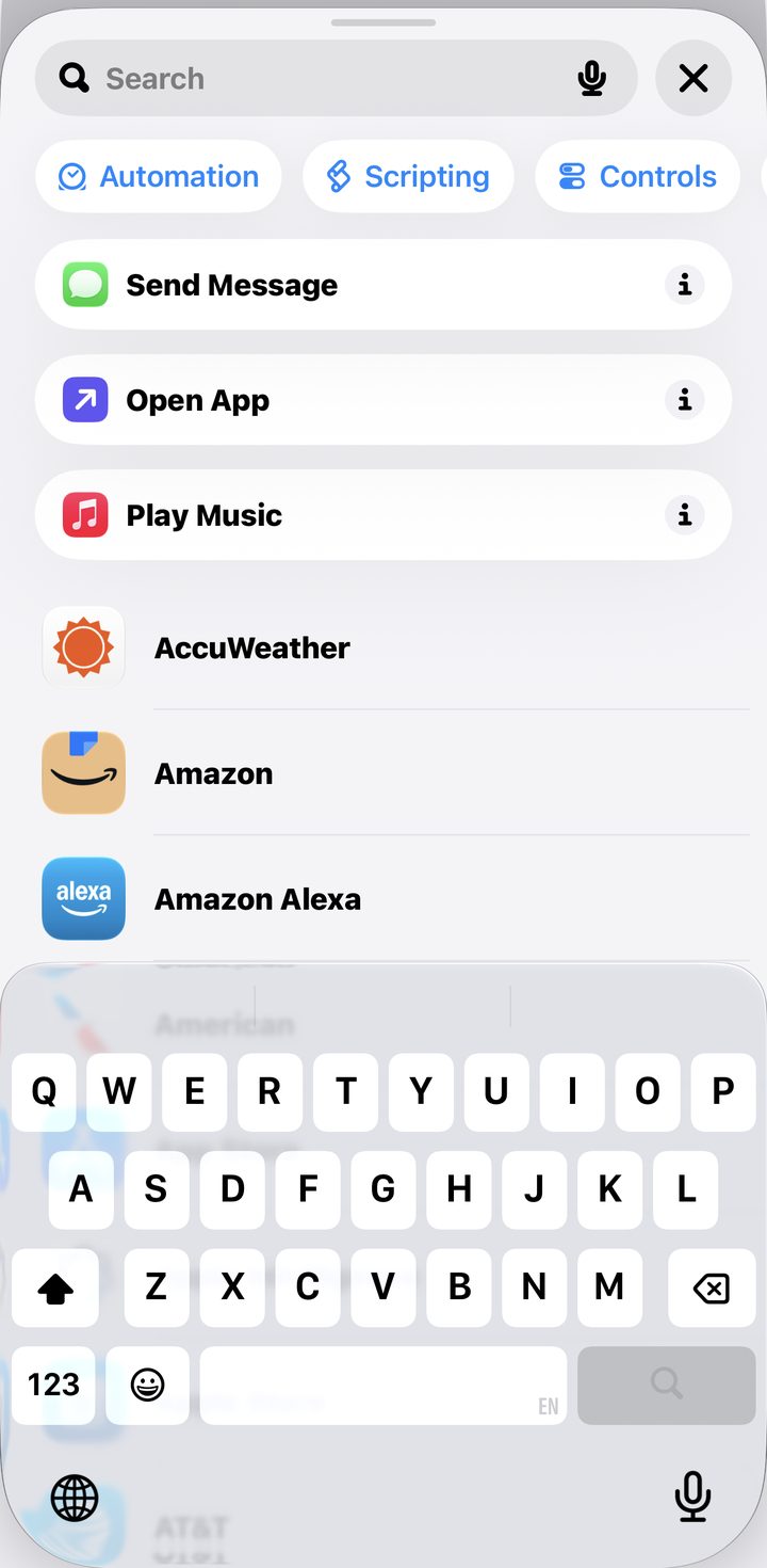 The action search open, with the Automation chip first in the row under the search bar