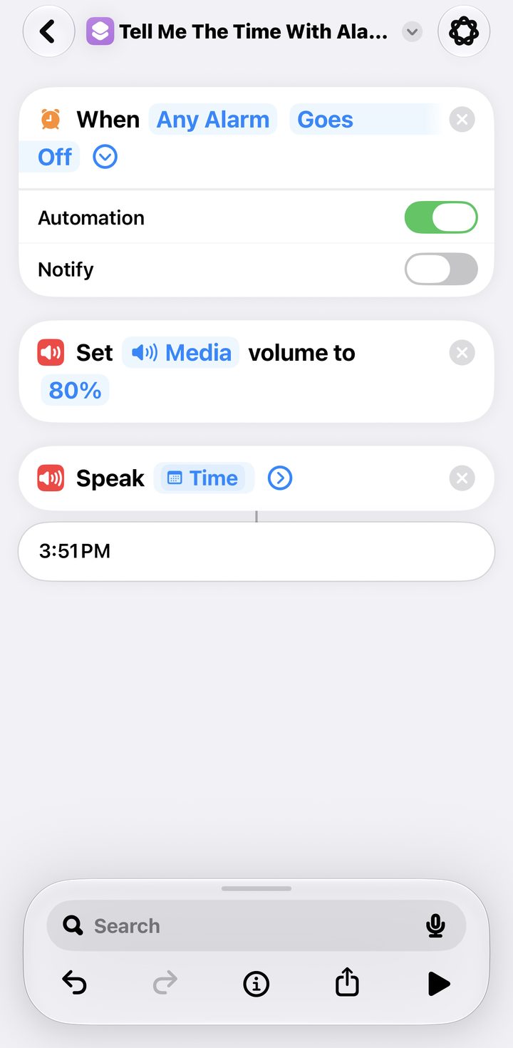 The alarm shortcut with Set Media volume to 80 percent above Speak Time
