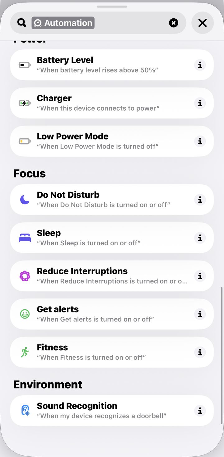 The Automation trigger list, scrolled to Power, with Charger in it