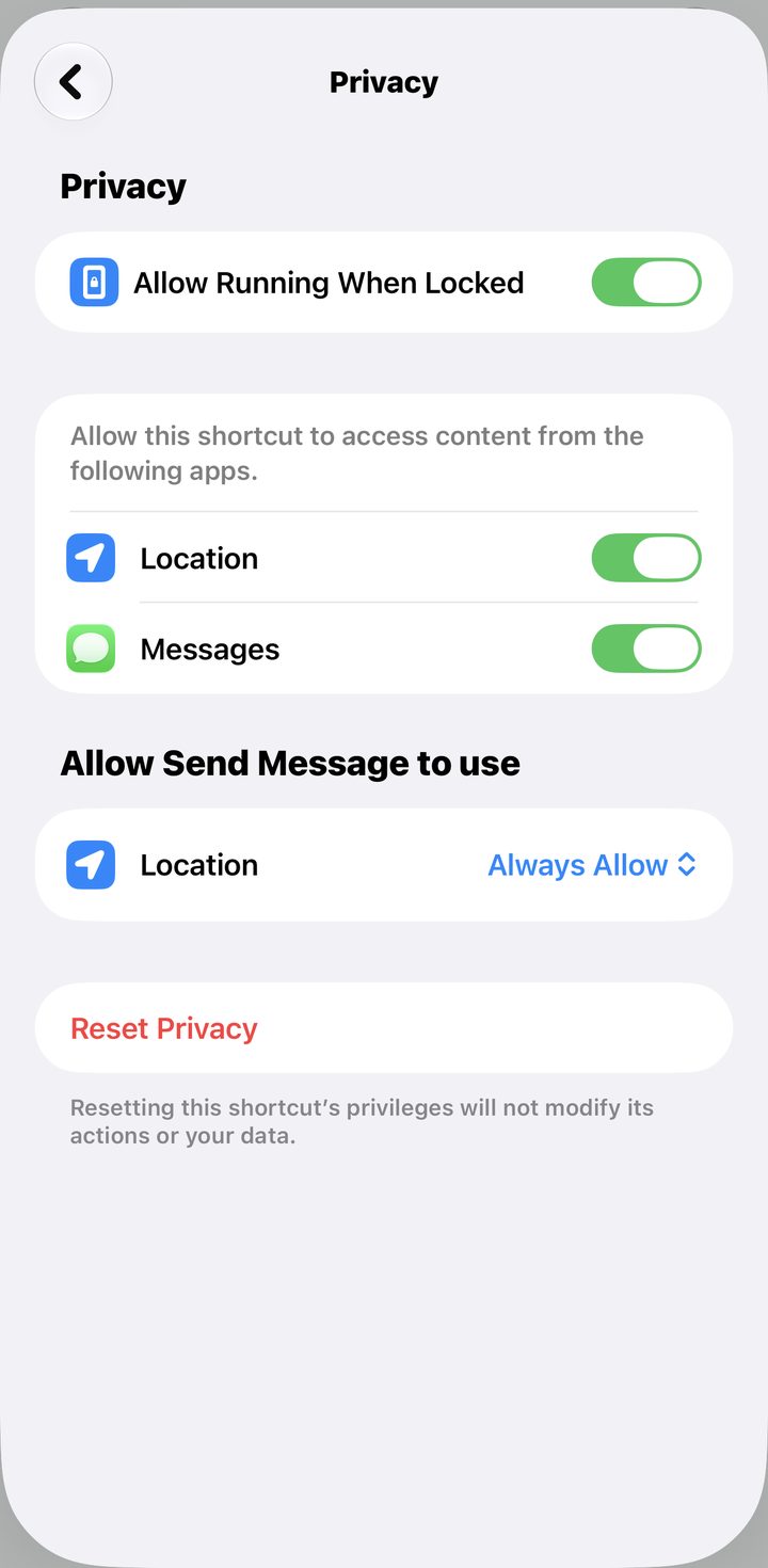 The Privacy screen with Allow Running When Locked turned on