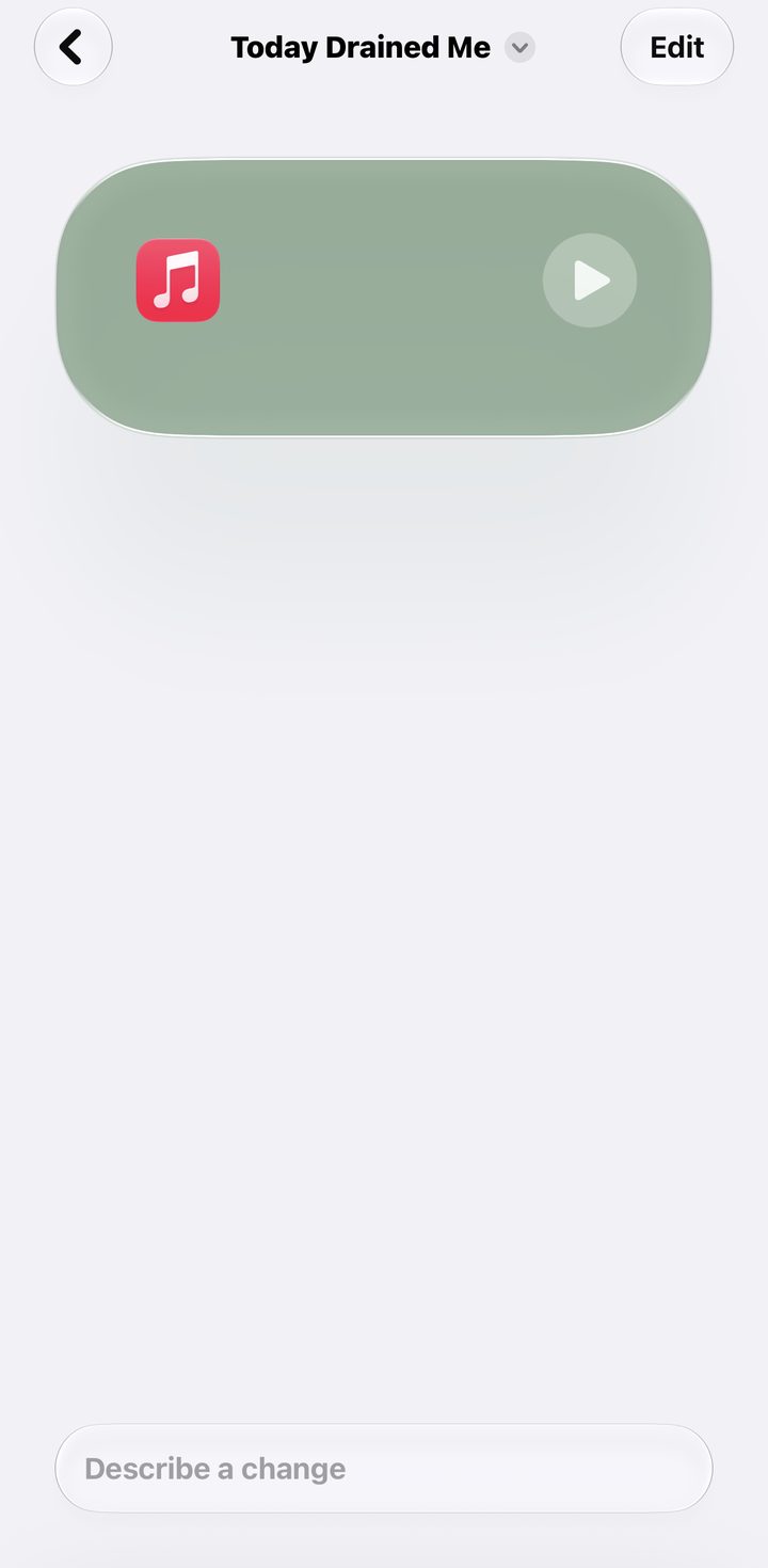The summary card for a shortcut on iOS 27, with Edit in the top right and a Describe a change box at the bottom