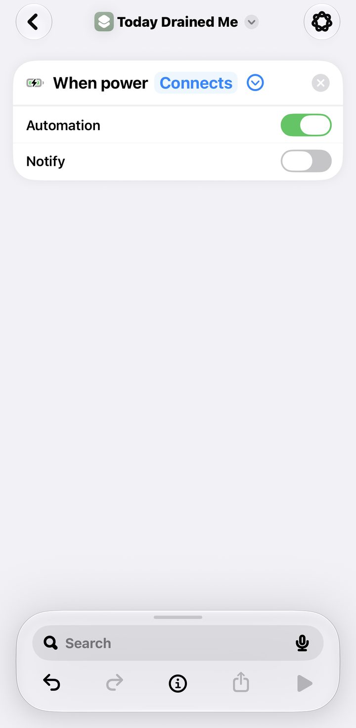 The Charger trigger block at the top of the shortcut: When power Connects, Automation on, Notify off