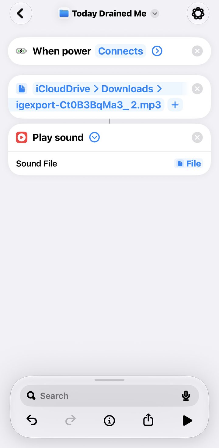 The finished shortcut: When power Connects, then the File, then Play Sound