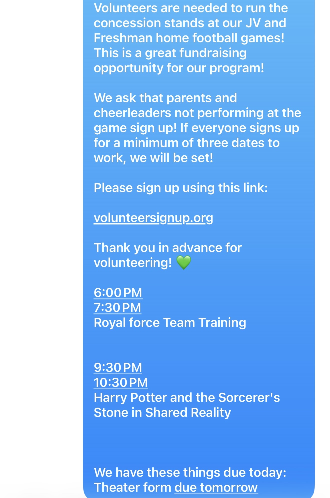 The day's schedule delivered as a text message