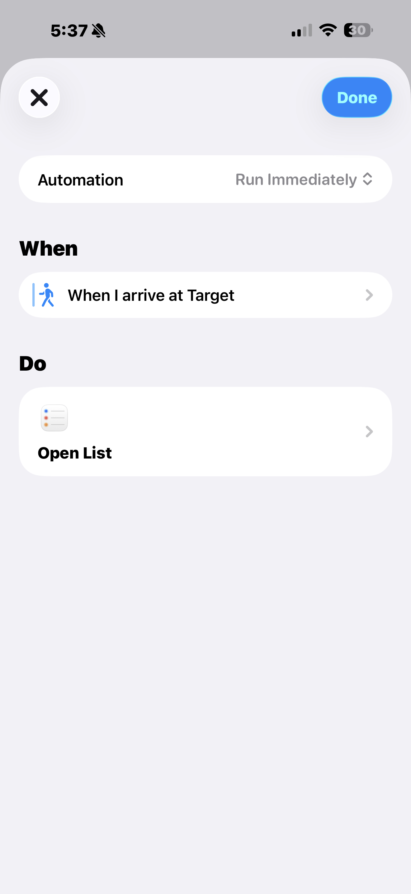 Shortcuts automation trigger showing Arrive at Target