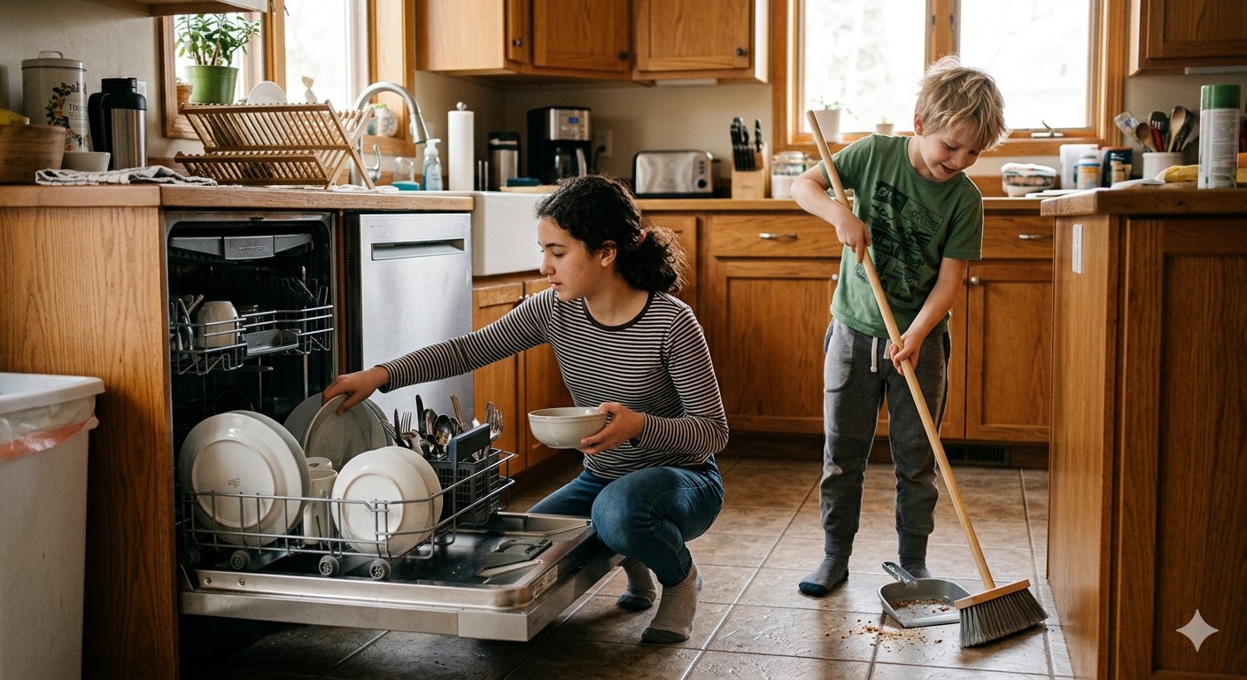 Siblings of different ages working together on household tasks