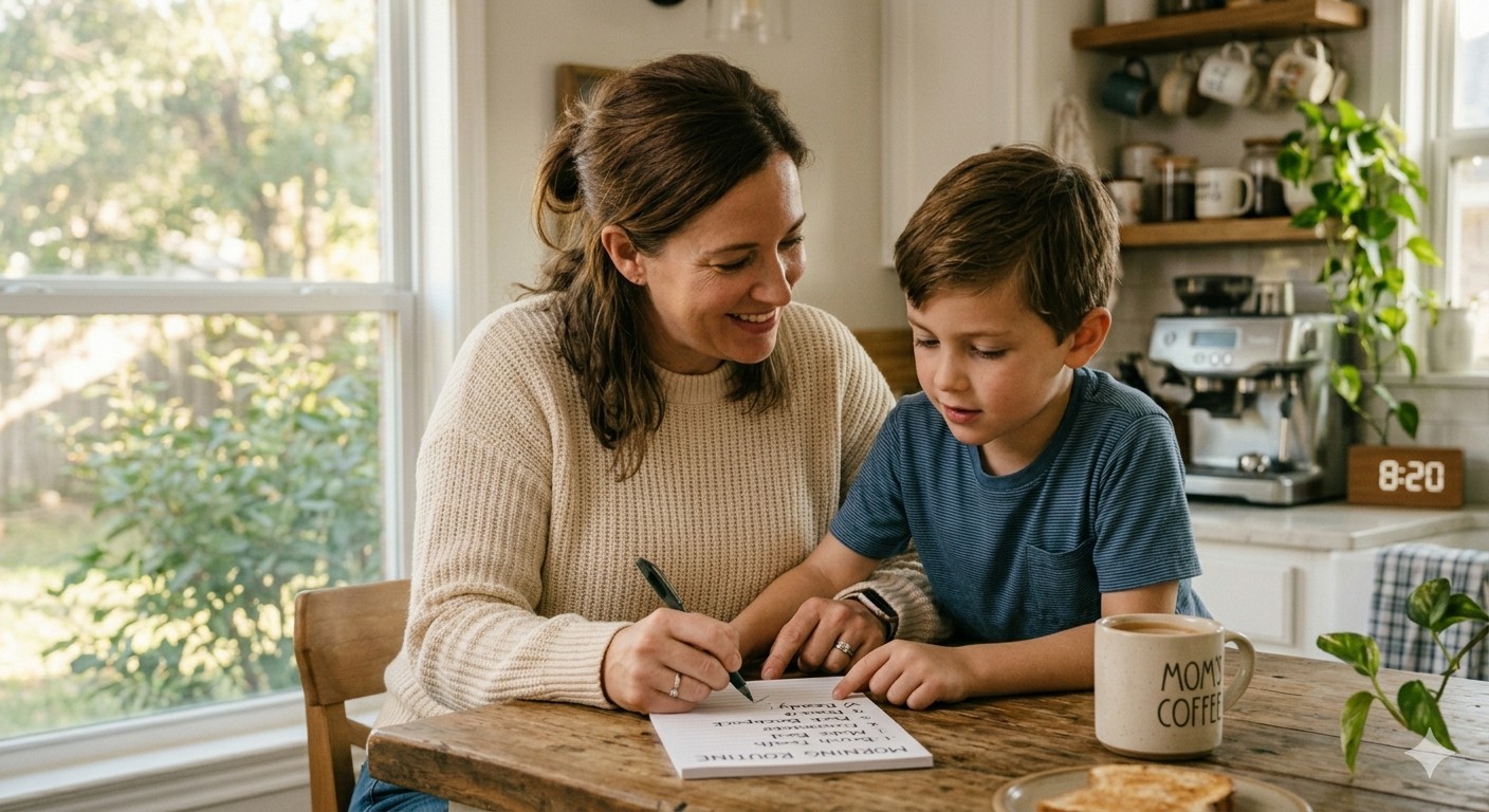 Parent and child reviewing a checklist together, calm accountability