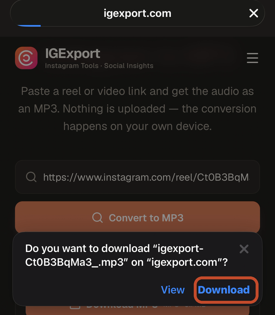 The Safari download prompt with Download marked