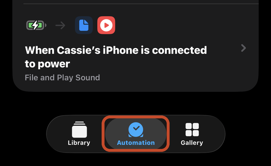 The Shortcuts app with the Automation tab marked