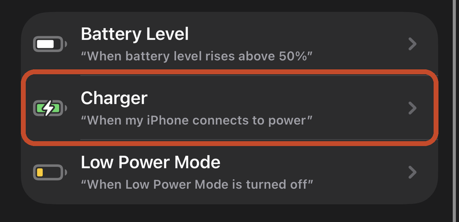 The trigger list with Charger marked