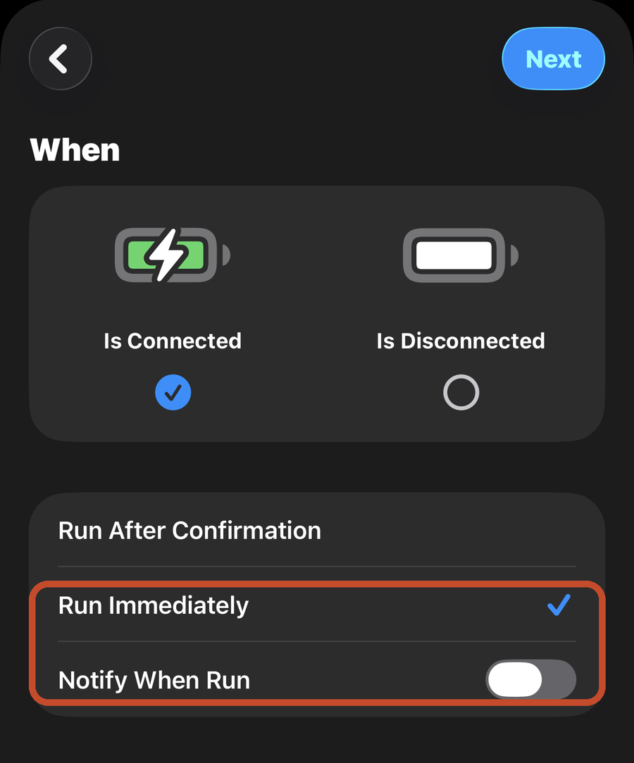 The Charger sheet with Is Connected, Run Immediately selected and Notify When Run turned off