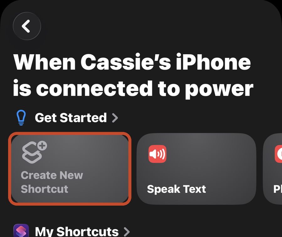 The shortcut picker with Create New Shortcut marked