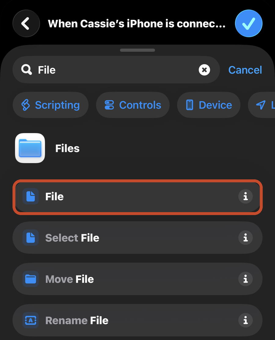 The action search results for File, with the plain File action marked under Files