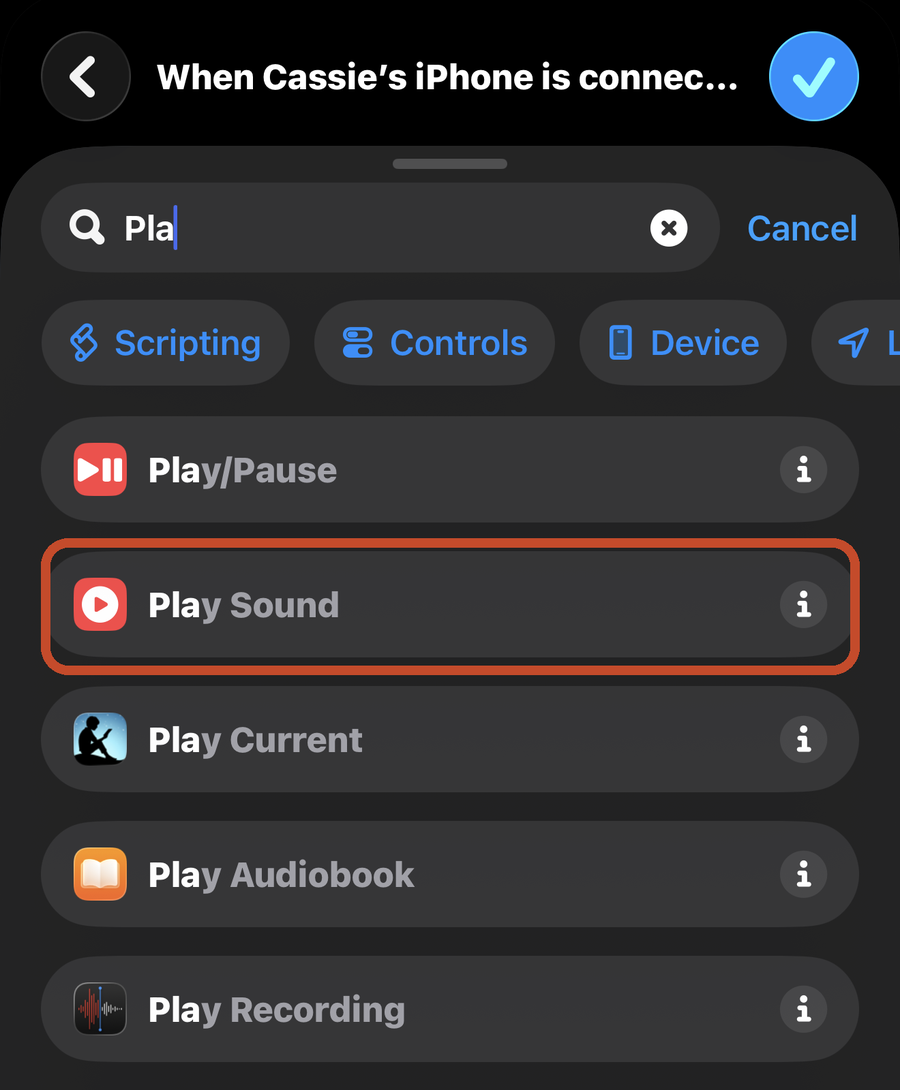 The Play Sound action reading Sound File: File, sitting under the File action